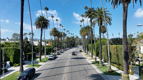Carmelita Drive At Beverly Hills In Los Angeles United States. Famous Luxury Neighborhood. Downtown Cityscape. Carmelita Drive At Beverly Hills In Los Angeles United States. 