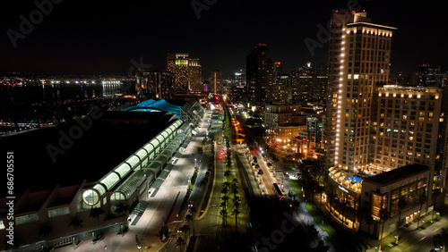 Night City At San Diego In California United States. Downtown City Skyline. Transportation Scenery. Night City At San Diego In California United States. 