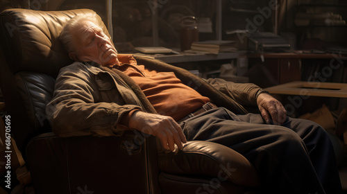 Old man sleeping in a reclining chair in the living room. Concept of Relaxing Comfort, Tranquil Afternoons, and Embracing Restful Moments.