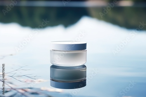 White blank cosmetic jar mock up lies on the water surface