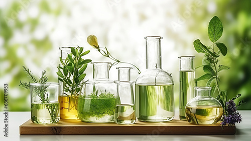 Natural organic botany and scientific glassware, Alternative herb medicine, Natural skin care beauty products, Research and development concept.