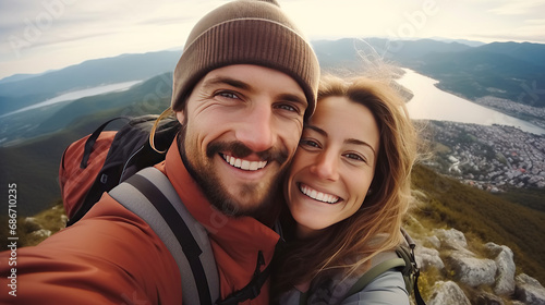 Young hiker couple taking selfie portrait on the top of mountain - Happy guy smiling at camera - Tourism, sport life style and social media influencer concept.