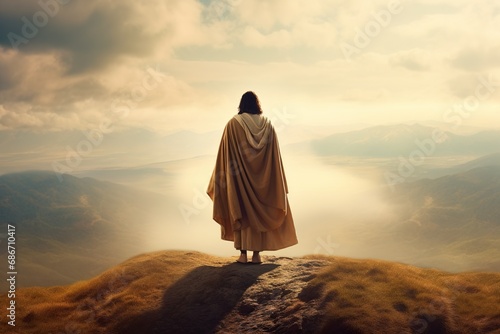 Jesus christ standing alone on hill back view