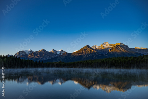 Herbert lake panorama, mountains sunset