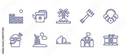 Holiday line icon set. Editable stroke. Vector illustration. Containing swimming pool, island, necklace, sand bucket, baseball cap, watering can, rake, lifeguard chair, circus tent.