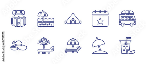 Holiday line icon set. Editable stroke. Vector illustration. Containing beach, calendar, umbrella, backpack, camping tent, camper, pamela hat, sunbed, ice tea.