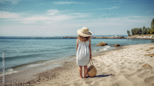 Back view of a lonely child in the beach 