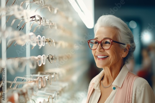 An elderly gray-haired woman chooses glasses in an optics store.