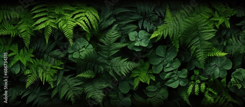 Dark green tropical fern leaves background, Panoramic backdrop. nature concept
