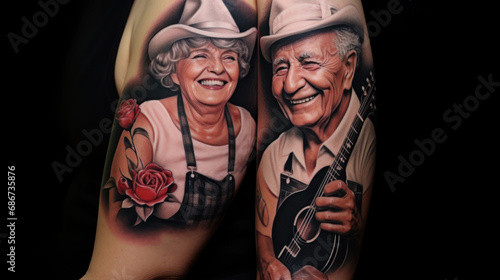 concept of valentine's day, love, old age, fidelity. hands of an elderly couple close-up. The lovers got a heart tattoo as a sign of love for each other.