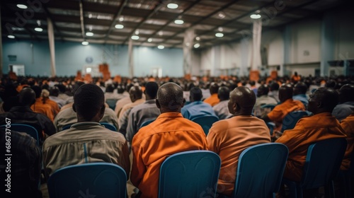 photo of Nigerians and Africans in a large conference hall in orange robes, rear view. concept: business, people, training, education
