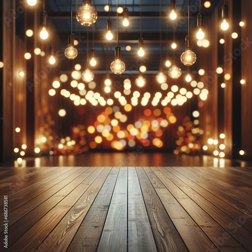 Interior iluminado con muchas luces fuera de foco, suelo de madera en perspectiva