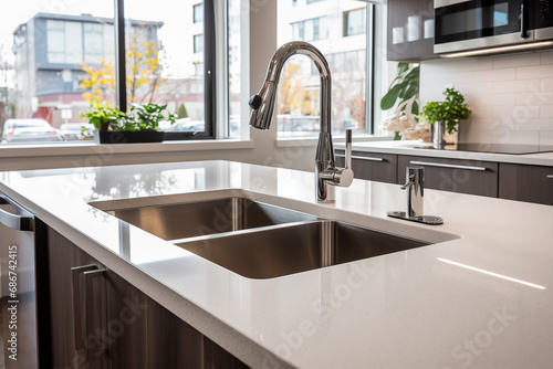A spacious, modern kitchen. The sink is equipped with a smart faucet. The surrounding countertops are made of polished quartz, and the cabinetry has a high-gloss finish