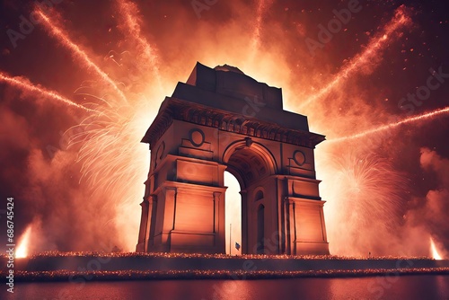 Showcasing the India Gate illuminated with the colors of the Indian flag. Surrounded by the essence of celebration.