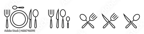 Zestaw ikon sztućców. Symbol jedzenia, restauracji. 