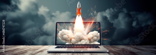 Rocket launching out of a laptop, creativity in technology and entrepreneurship concept. Horizontal background, copy space for text