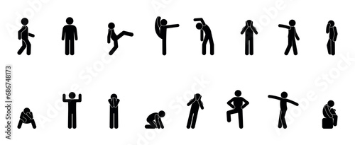 stick figure human silhouette, man icon, people isolated, human pose set