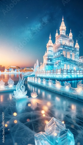 Magical temple in Harbin international ice festival.