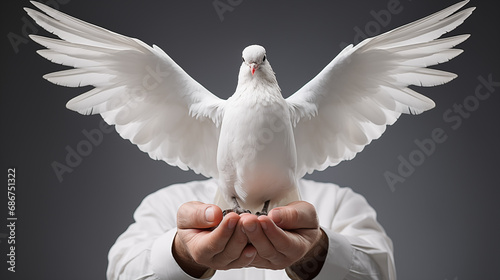 white dove in the hands of a man on a gray background.
