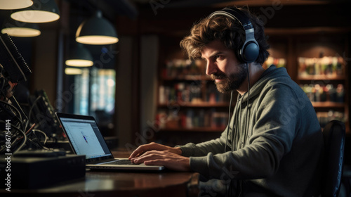 Stock photo of a sound engineer mixing audio for a documentary in a library generative ai