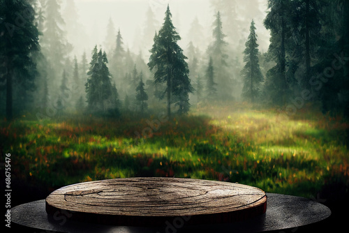 Wooden round podium realistic 3d illustration, forest on the background scenery 3D render of empty product pedestal in natural environment, green trees around, soft day light