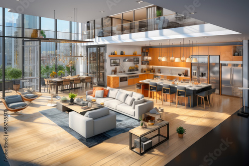 Open concept apartment, where spaciousness and seamless flow reign supreme. Walls disappear, creating an expansive living area that fosters connection and a sense of airiness.