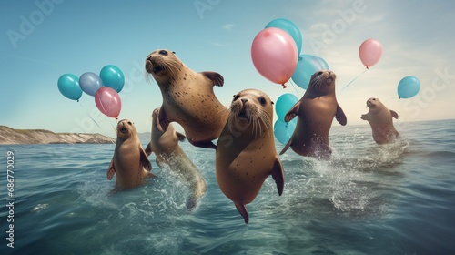 Playful sea lions balancing on floating balloons in a playful marine environment.