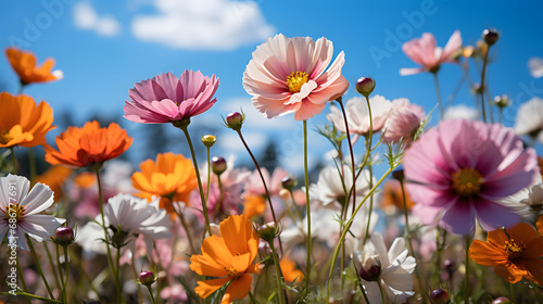 Beautiful Blooms Against a Soft Blue Sky in a Field, Captured in a Gentle Focus