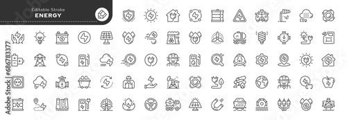 Set of line icons in linear style. Series - Energy, energy resources, type of energy and power. Outline icon collection. Conceptual pictogram and infographic.