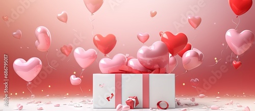 Heart shaped balloons and confetti surround a cute love message emerging from an open gift box in a 3D scene design ideal for Valentine s Day and Mother s Day Copy space image Place for adding