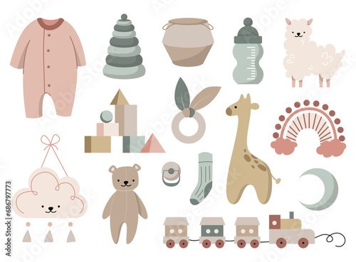 Boho baby clipart set for girls and boys. Cartoon collection with animal wooden toys decor for cute bedroom clothes vector isolated on white. Kids decoration concept learning Montessori equipment