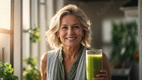 Healthy senior woman smiling while holding some green juice,healthy living concept, space for text 
