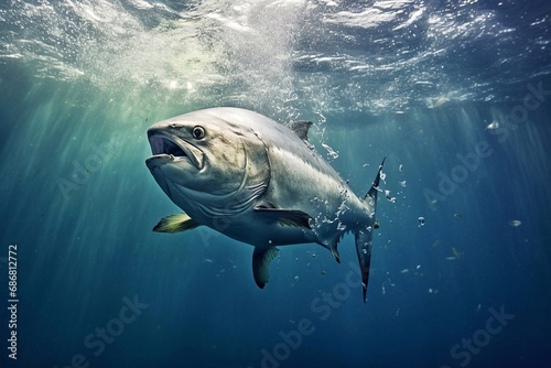 Yellowfin tuna swims in the blue ocean