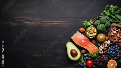 An image of food that is healthy and has low carbohydrate levels, including salmon, avocados, blueberries, broccoli, nuts, and mushrooms, is showcased on a banner with a black background