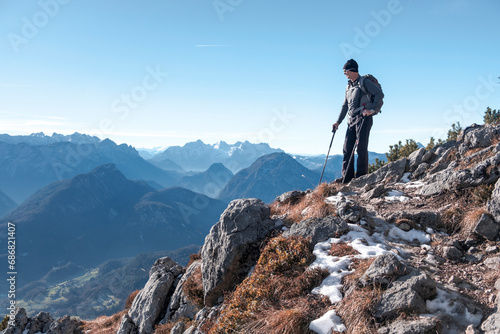 Germany, Bavaria, Berchtesgadener Land, Hochstaufen, hiker looking at view