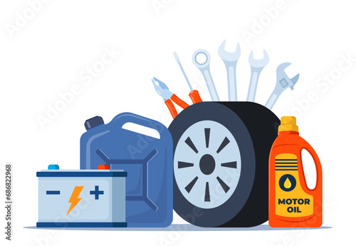 Auto service accessories composition with tool kit, gasoline canister and battery. Vector illustration.
