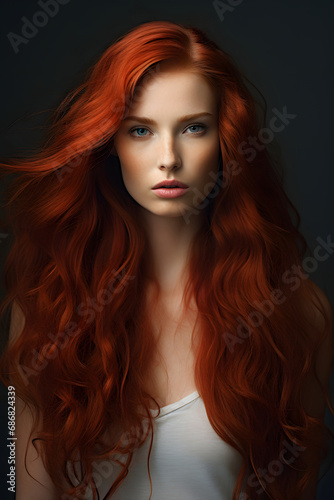 Portrait of a woman with long red hair