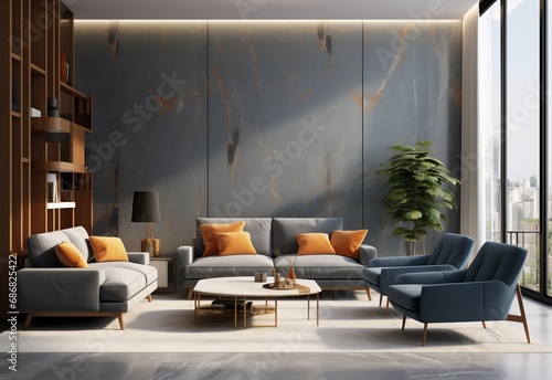 Cozy bluish grey sofa with orange pillows. Warm and inviting environment of living room. Scandinavian modern home interior desing of a living room.
