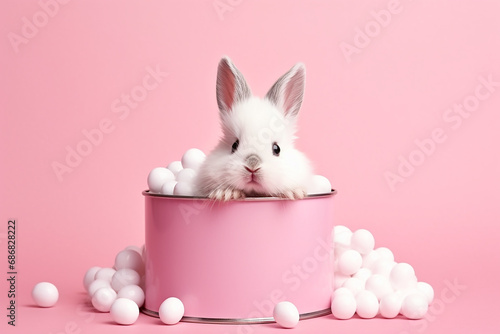 Creative Minimal Concept: Easter Day, Little White Baby Rabbit Bunny Sitting in Tin Pink Created with Generative AI Tools