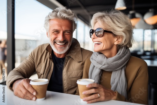 Smiling mature couple drinking coffee while waiting the flight, in departure lounge area in airport