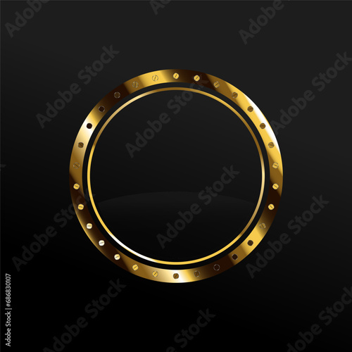 Vip label with round golden ring frame shield sparks on black background. Dark glossy Sheild premium template. Vector design element luxury illustration