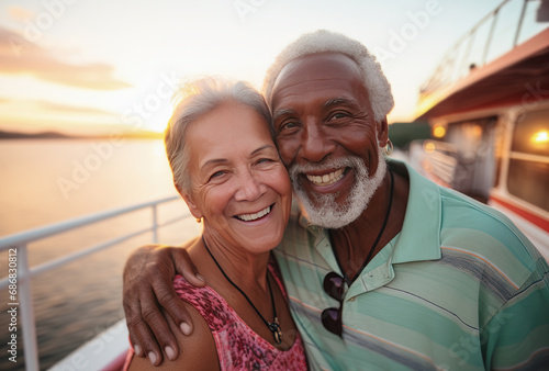 Pareja mayor de 60 años abrazados y felices en un barco realizando un crucero al atardecer por el mediterraneo