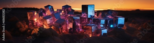 Iridescent pyrite cubes nestled amongst sand particles.