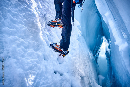 Mountaineer climbing in crevasse, Glacier Grossvendediger, Tyrol, Austria