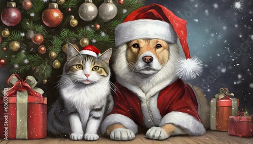 Kot i pies w stroju Świętego Mikołaj obok choinki. Kartka, tło na Boże Narodzenie
