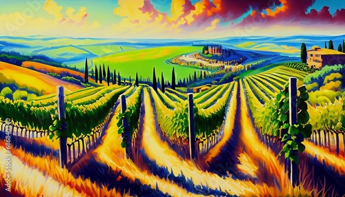 illustration of a painted Tuscan vineyard suitable as a background