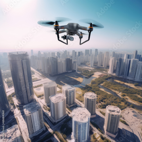 Black spy drone weapon flying under city and filming landscape. Military technology, buildings, civilian town, blue summer sky