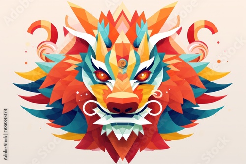Close up Geometric Colorful Chinese Dragon Head in Front