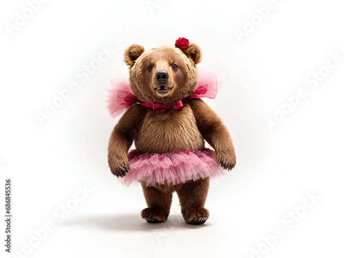 A bear wearing ballet slippers and a tutu, ready for a dance