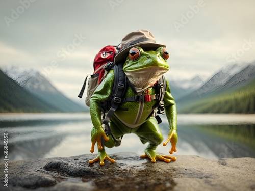 A frog with a backpack and a hiking hat, looking ready to leap into adventure